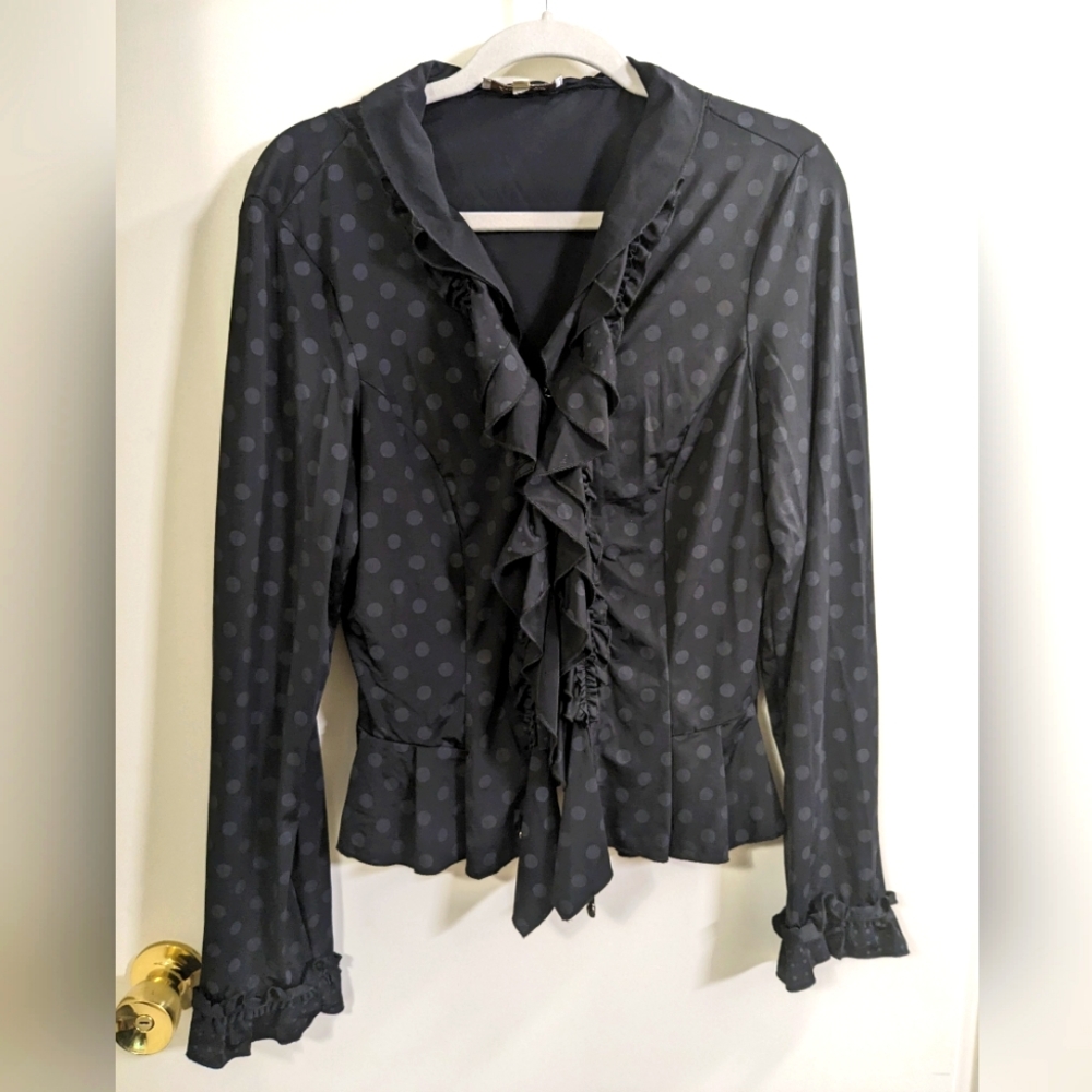 Lan Vie black and gray polka dot stretchy jacket with corset back